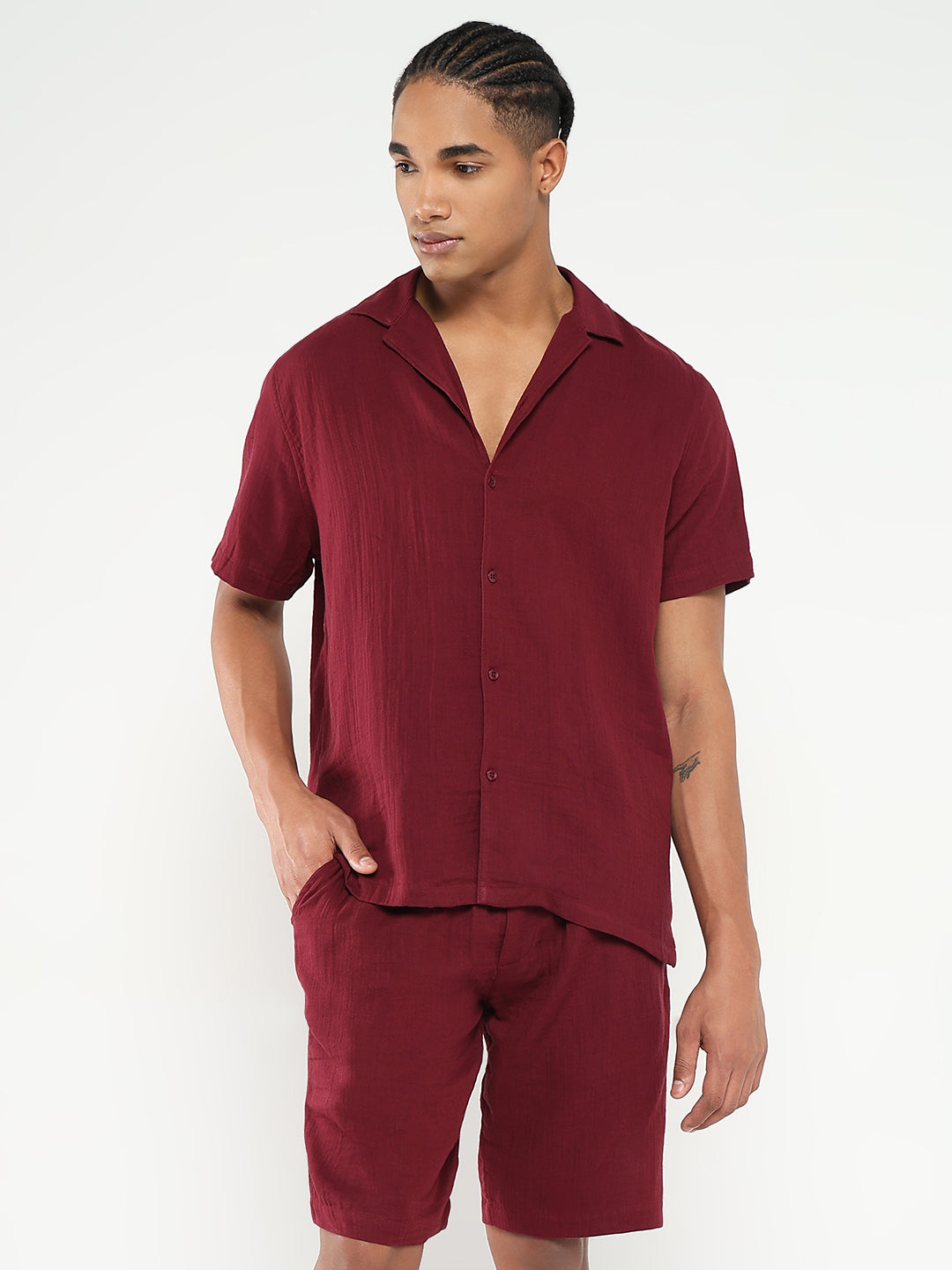 Men Maroon Solid Co Ords Set