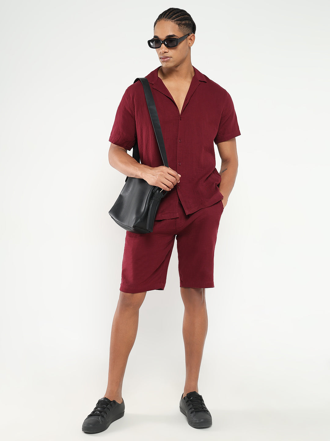 Men Maroon Solid Co Ords Set