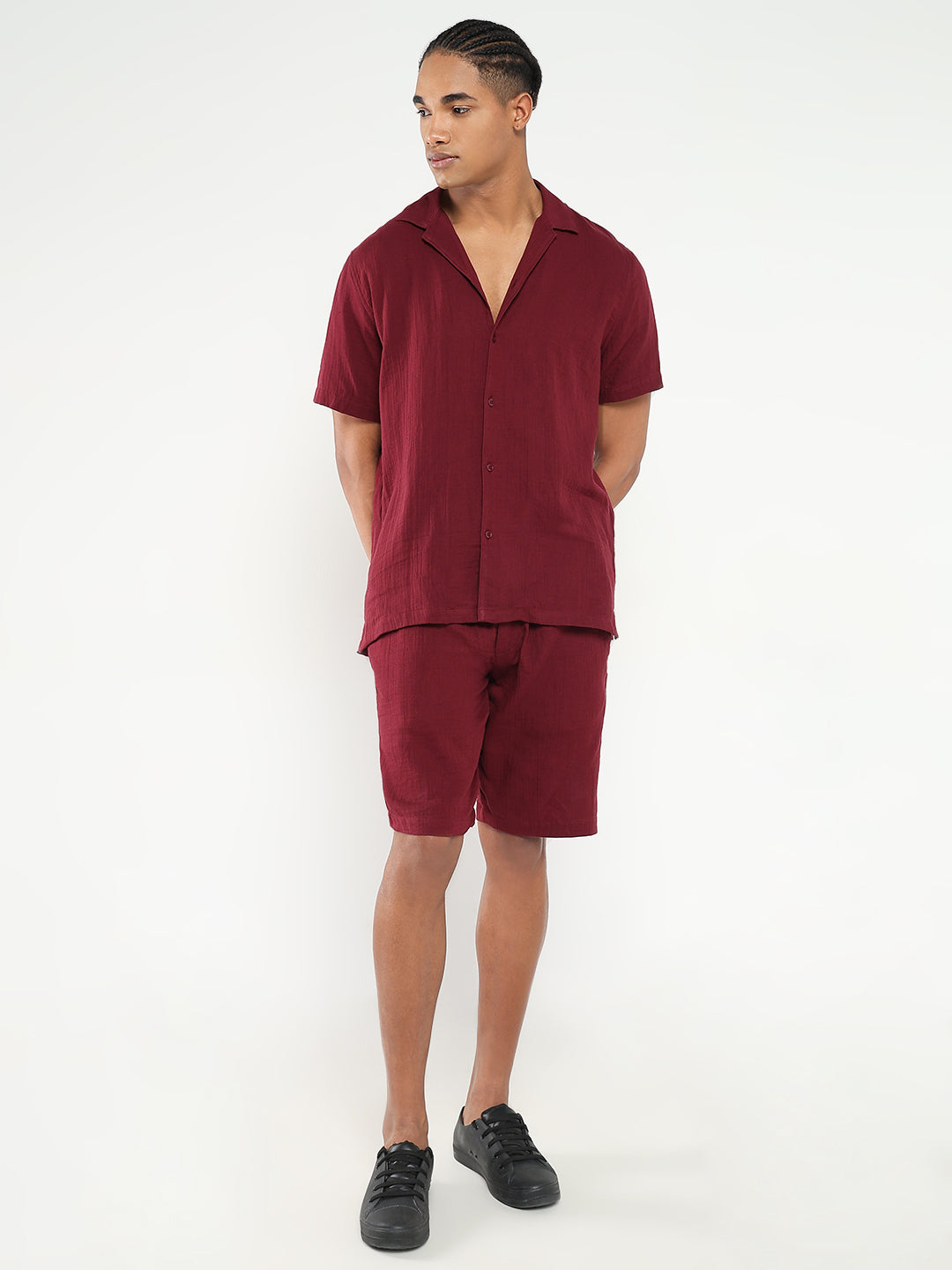 Men Maroon Solid Co Ords Set