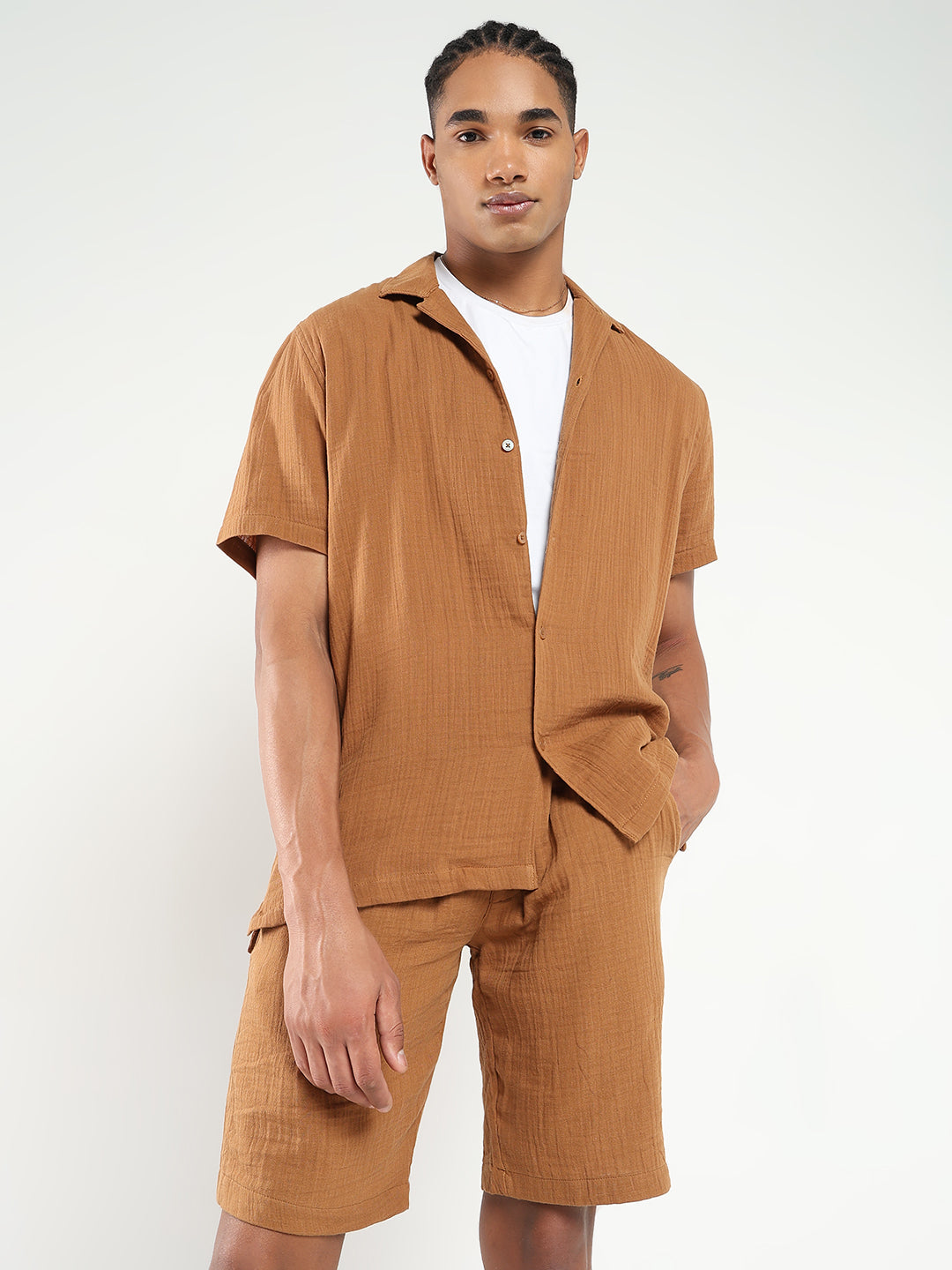 Men Brown Solid Co Ords Set