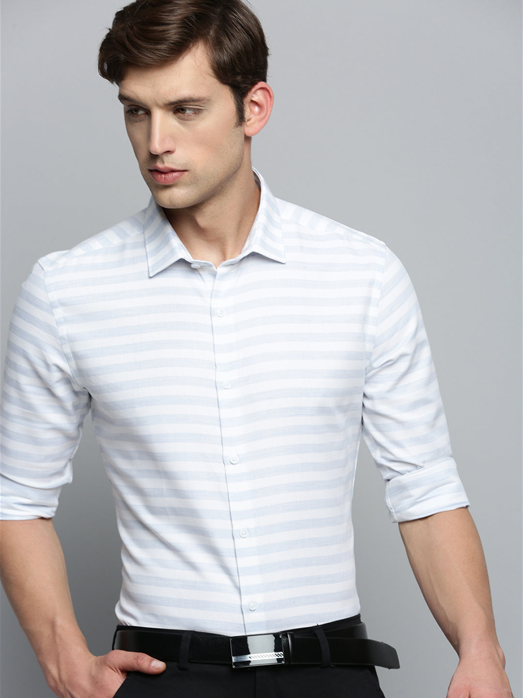 Men Spread Collar Self Design Off White Shirt