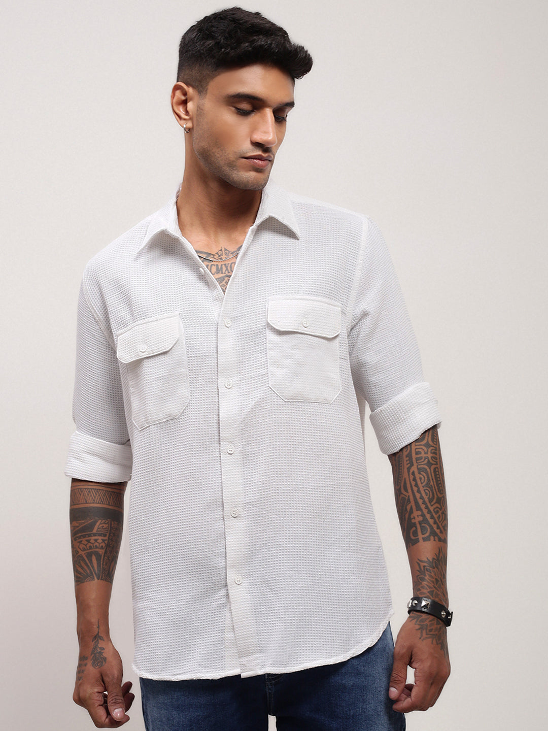 Men White Solid Slim Fit Shirt