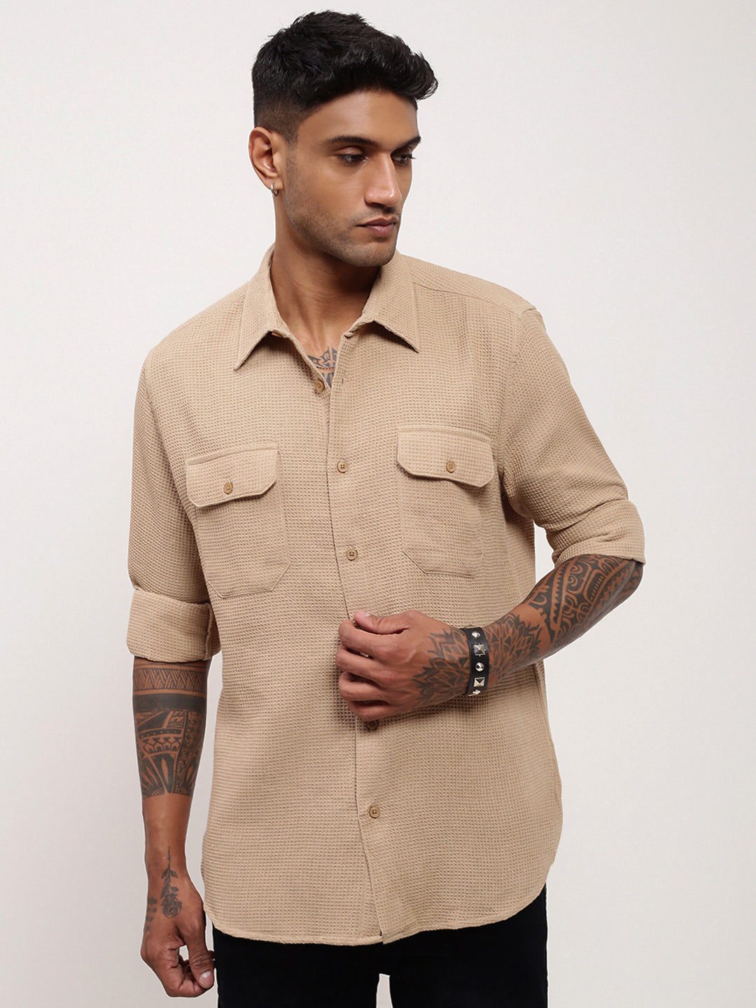 Men Beige Solid Slim Fit Shirt