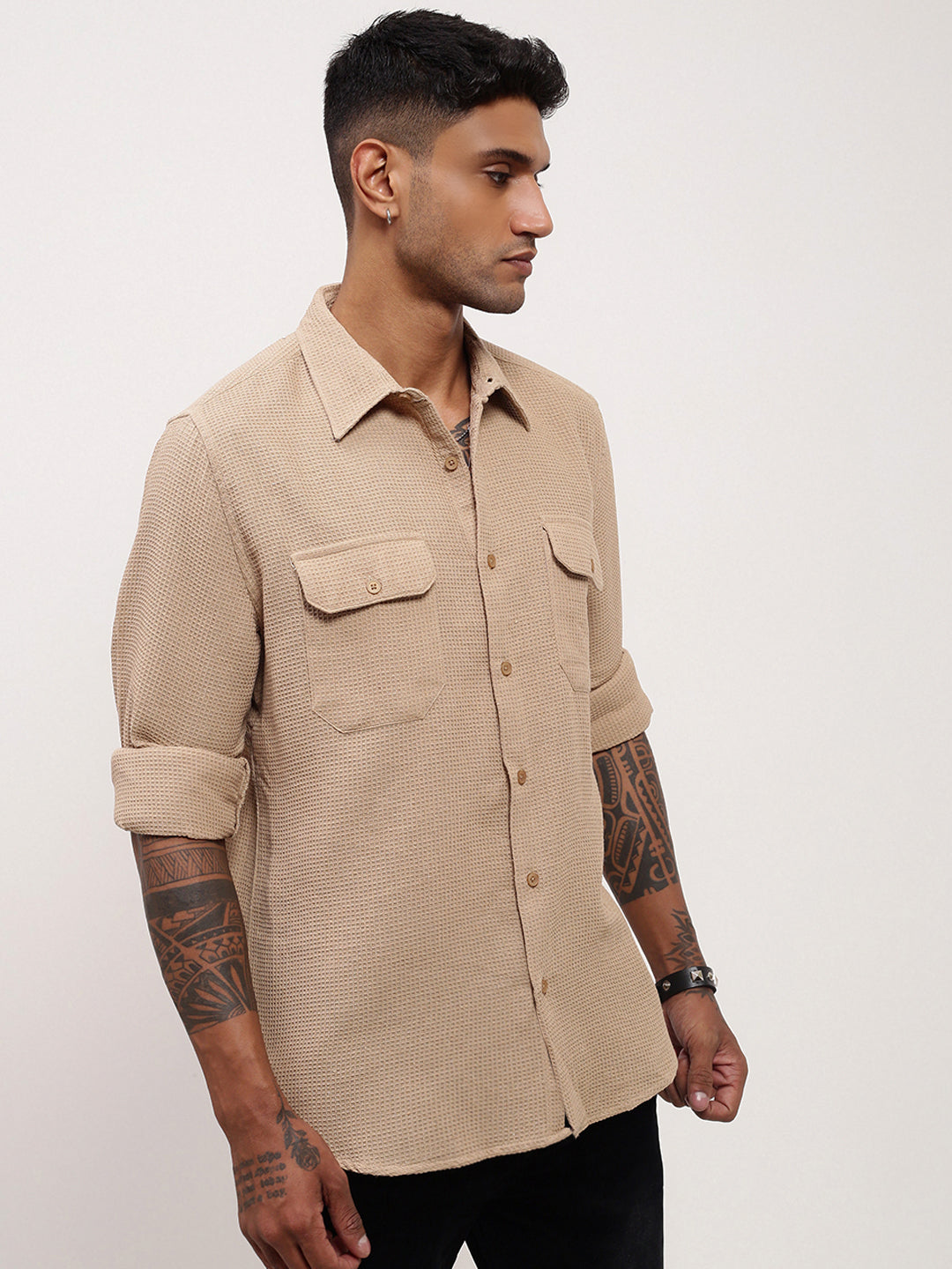 Men Beige Solid Slim Fit Shirt