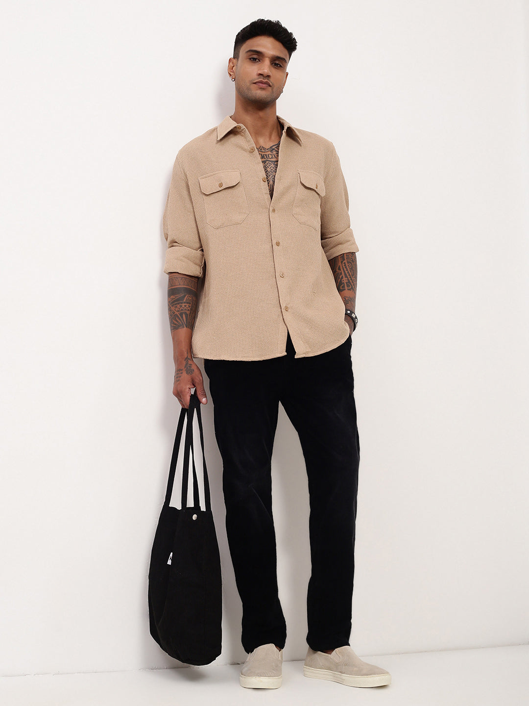 Men Beige Solid Slim Fit Shirt