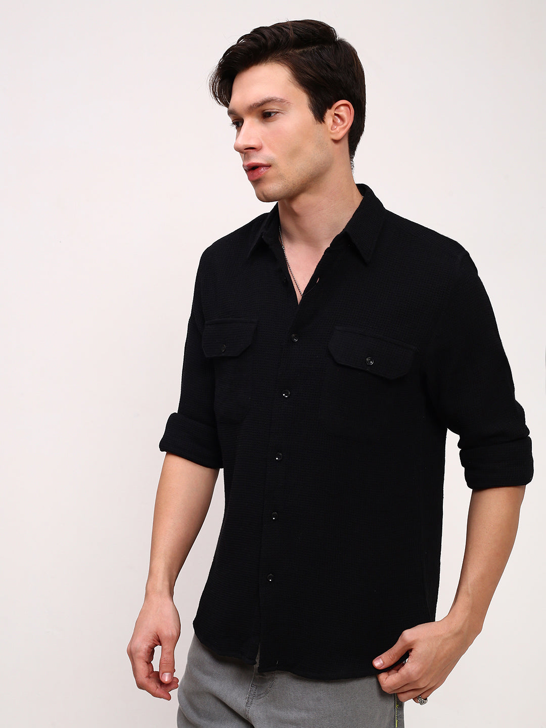 Men Black Solid Slim Fit Shirt