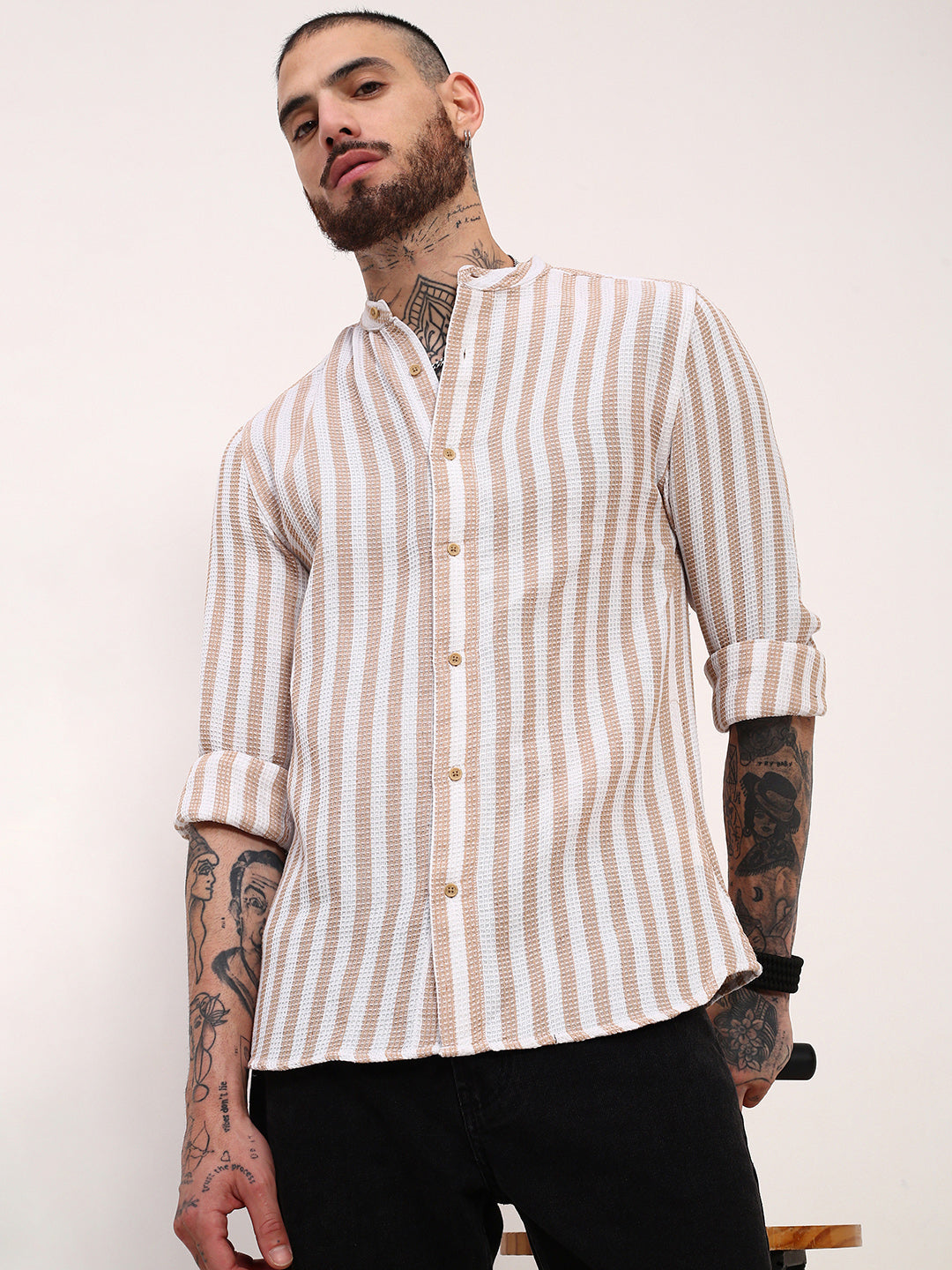 Men Cream Striped Slim Fit Shirt