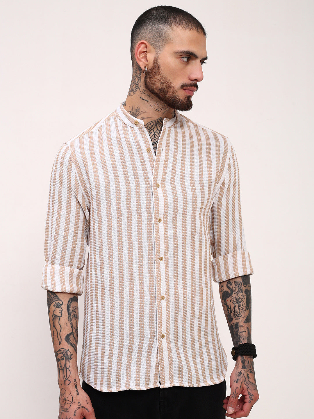 Men Cream Striped Slim Fit Shirt