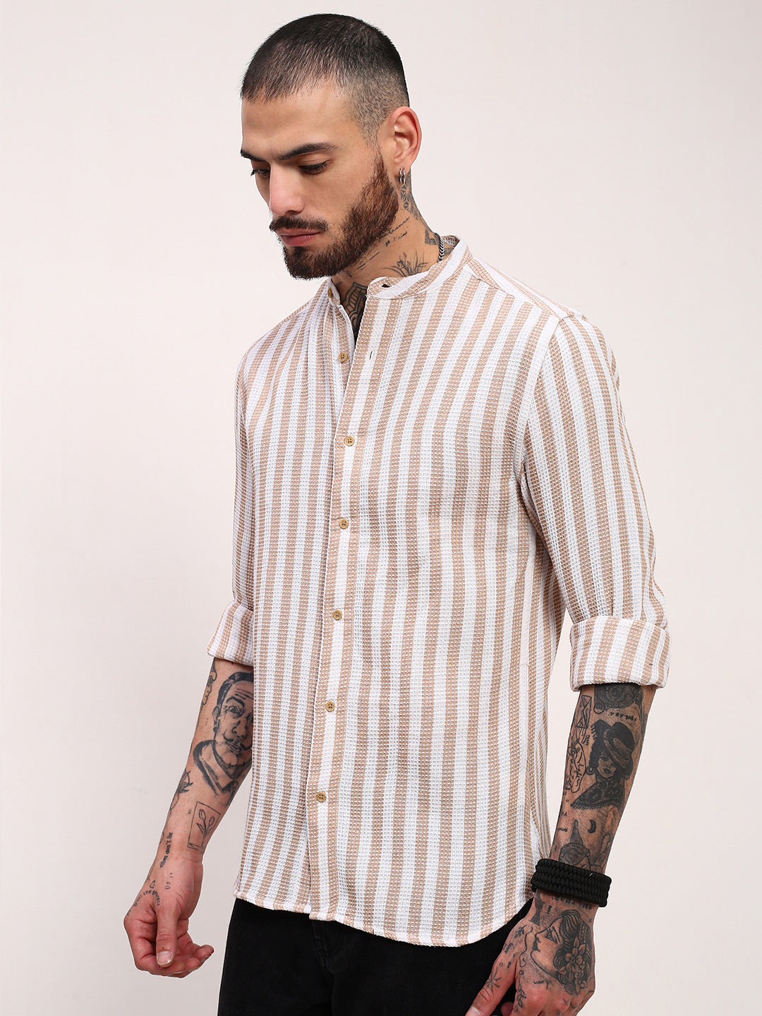 Men Cream Striped Slim Fit Shirt