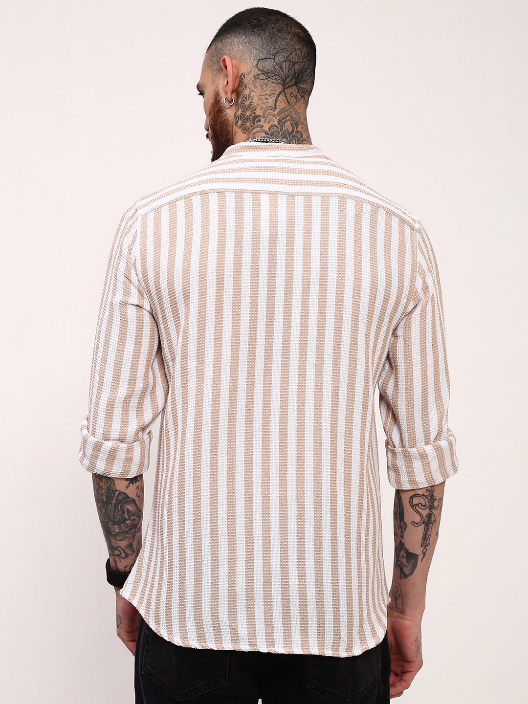 Men Cream Striped Slim Fit Shirt