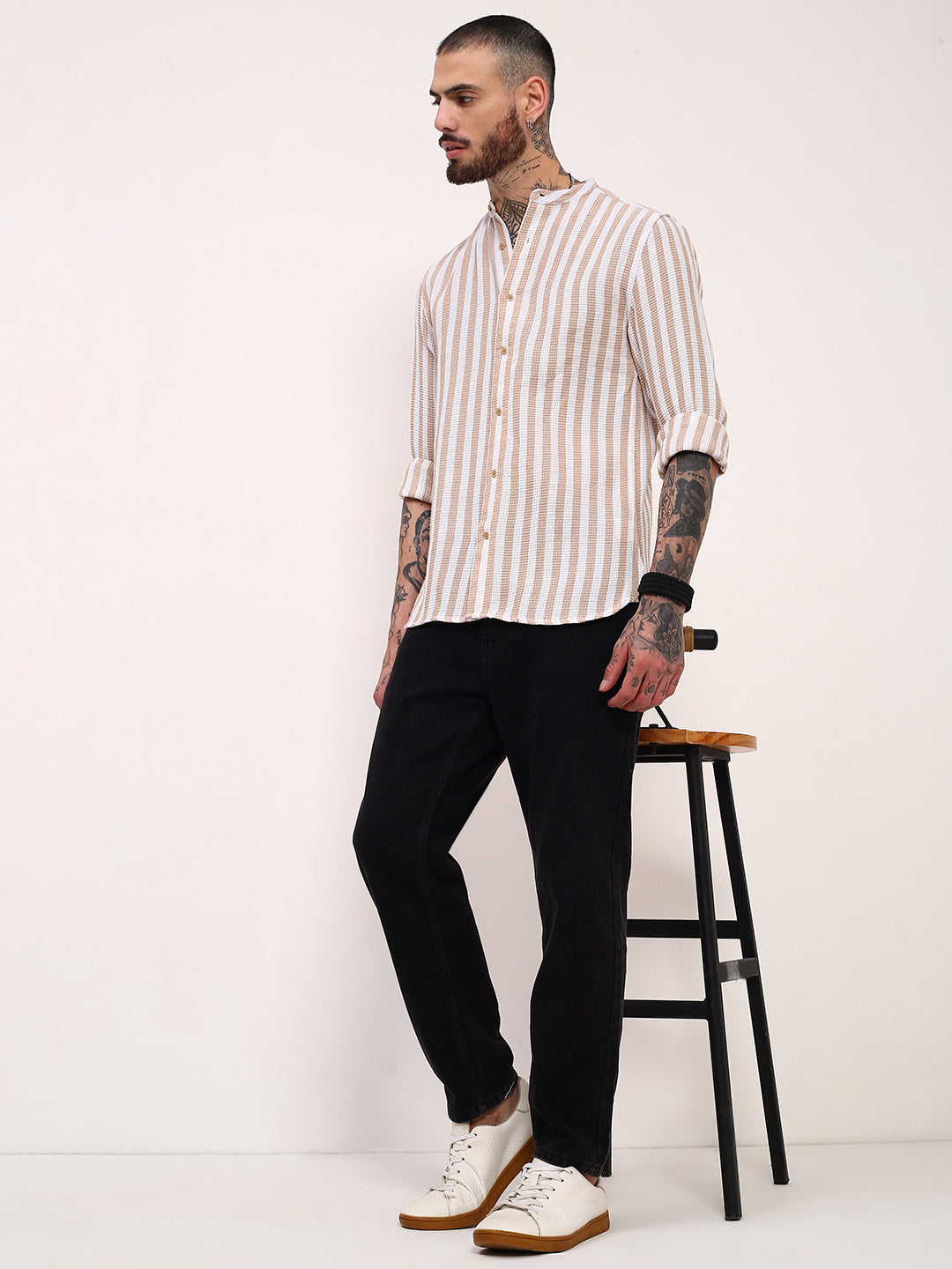 Men Cream Striped Slim Fit Shirt