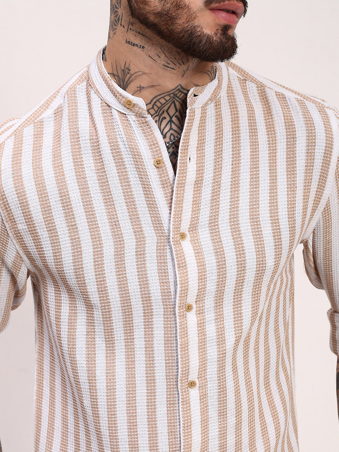 Men Cream Striped Slim Fit Shirt