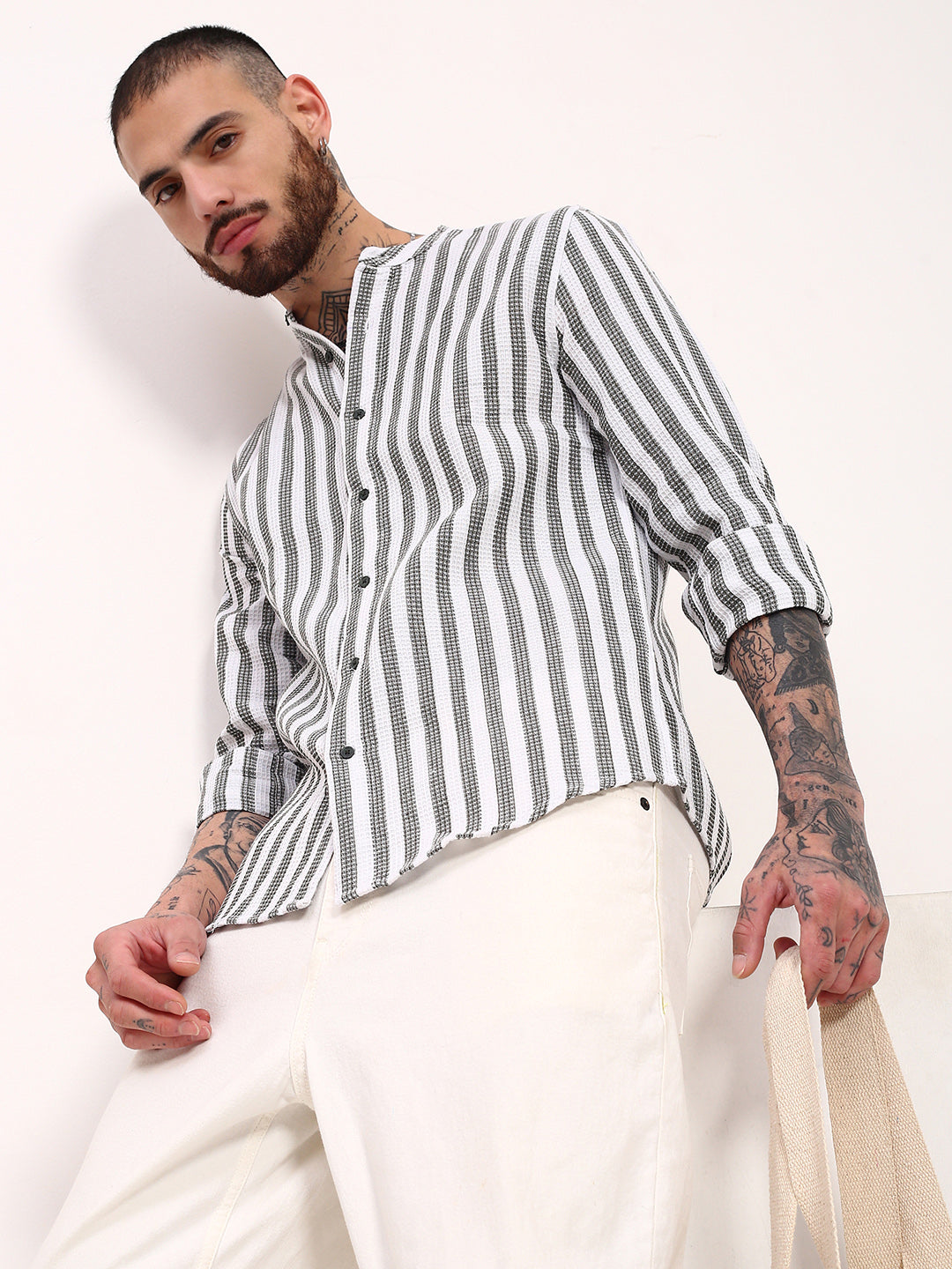 Men Green Striped Slim Fit Shirt