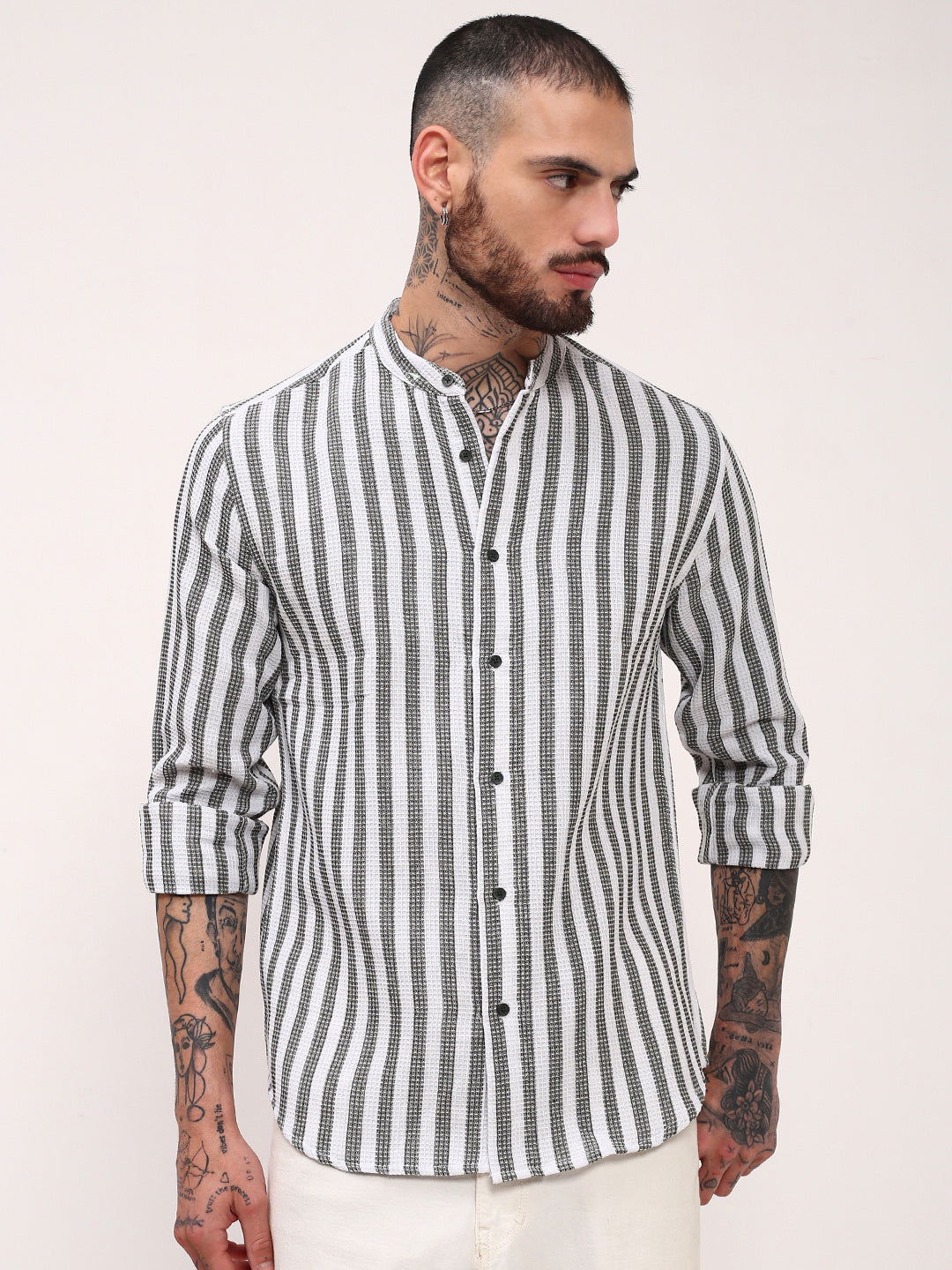 Men Green Striped Slim Fit Shirt