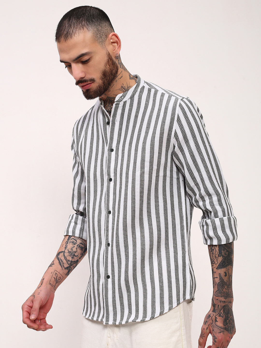 Men Green Striped Slim Fit Shirt