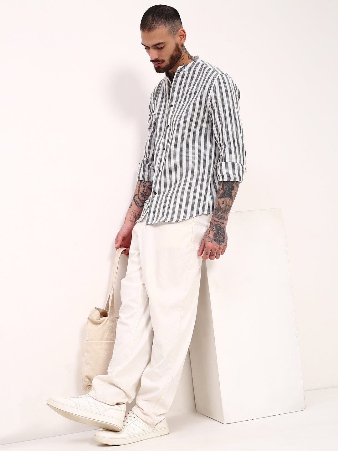 Men Green Striped Slim Fit Shirt