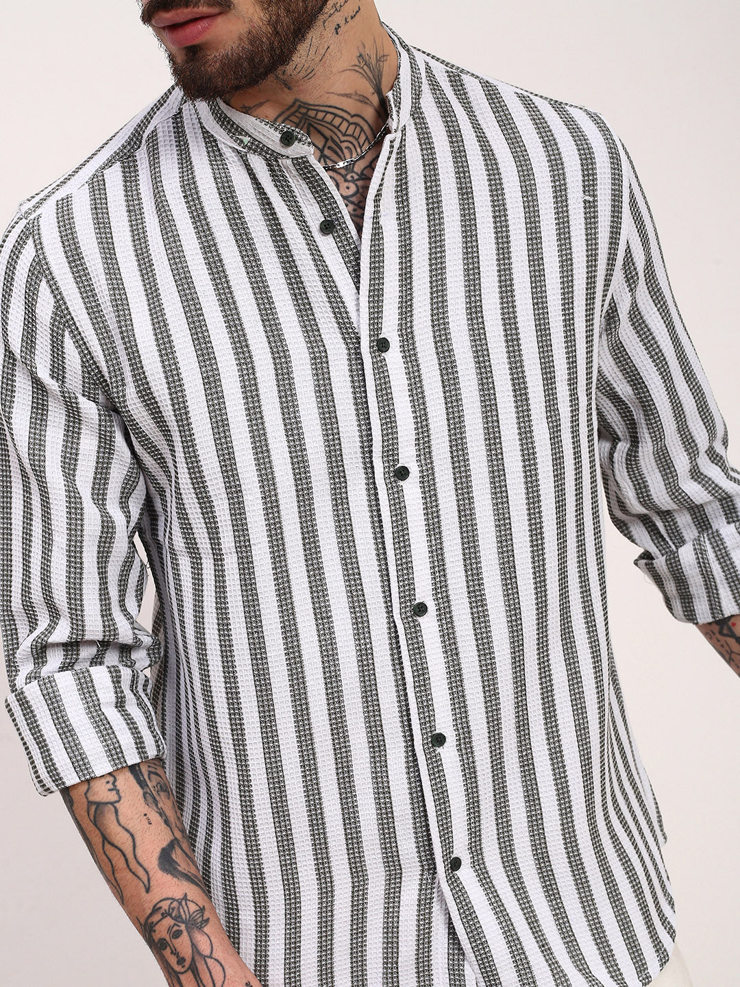 Men Green Striped Slim Fit Shirt