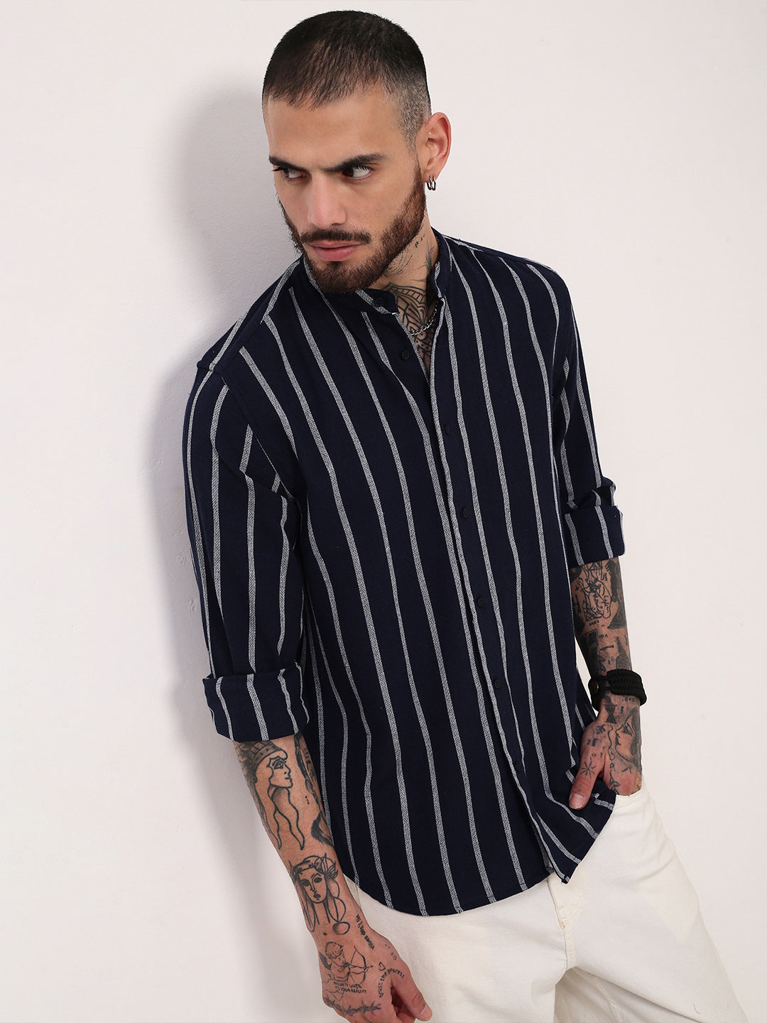 Men Navy Blue Striped Slim Fit Shirt