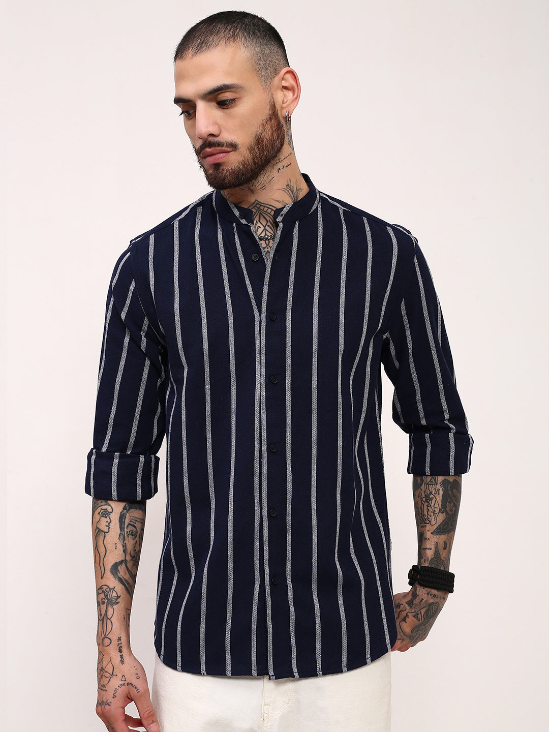 Men Navy Blue Striped Slim Fit Shirt