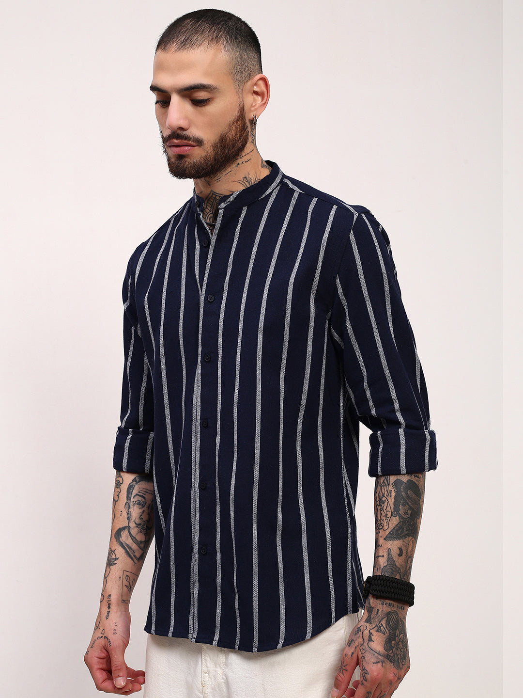 Men Navy Blue Striped Slim Fit Shirt