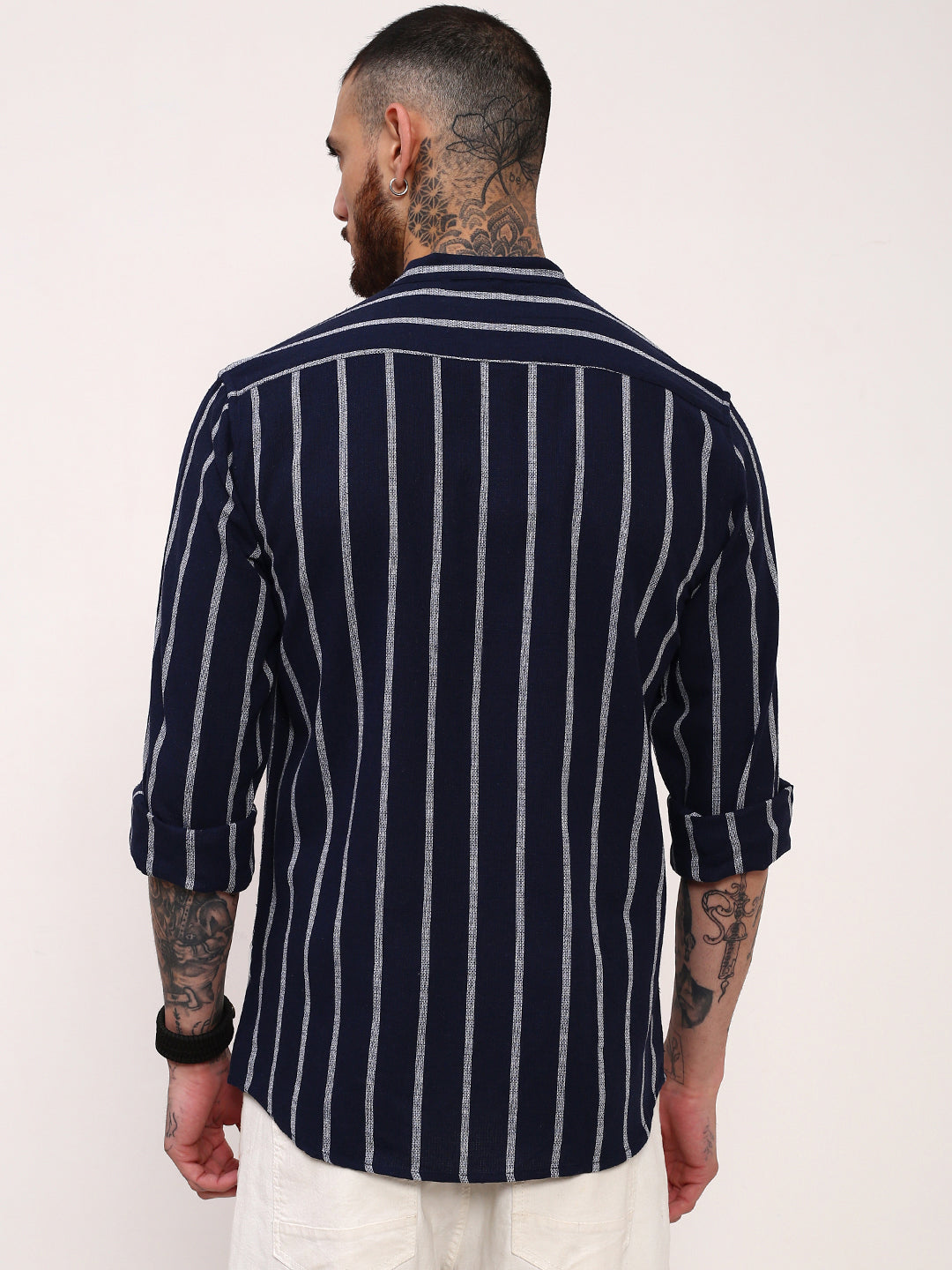 Men Navy Blue Striped Slim Fit Shirt