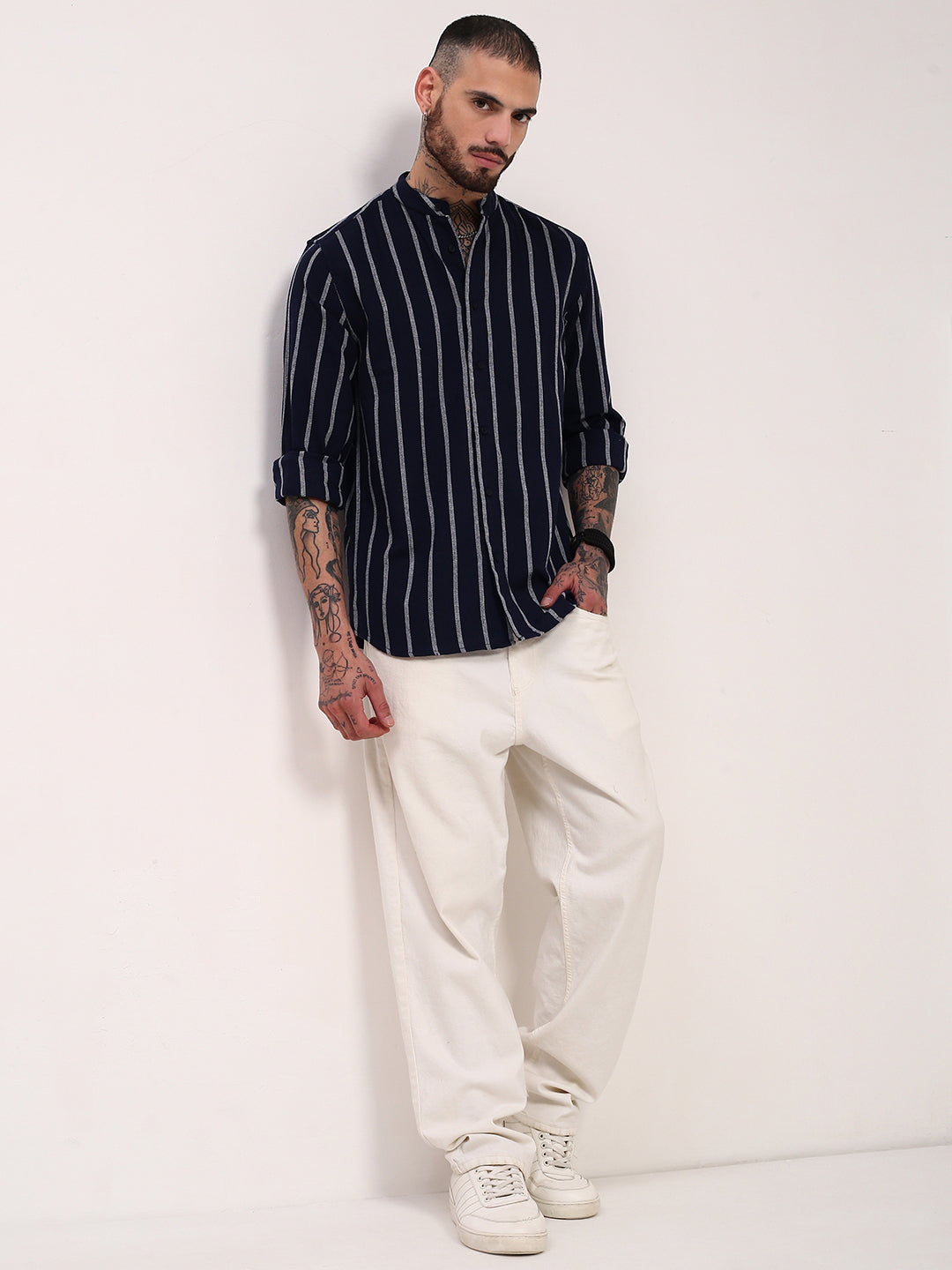 Men Navy Blue Striped Slim Fit Shirt