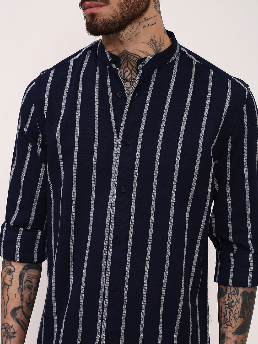 Men Navy Blue Striped Slim Fit Shirt