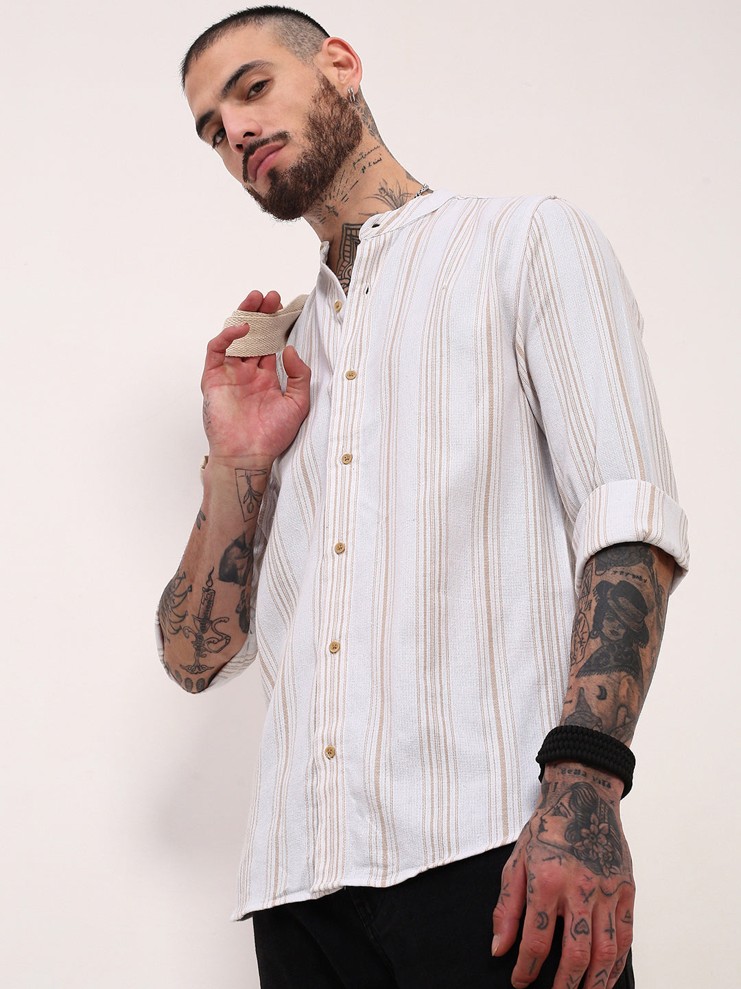 Men White Striped Slim Fit Shirt