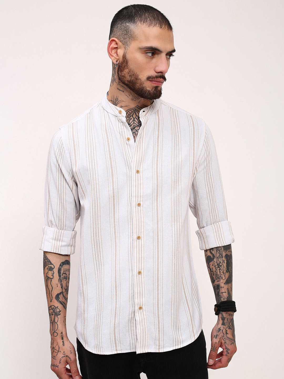 Men White Striped Slim Fit Shirt