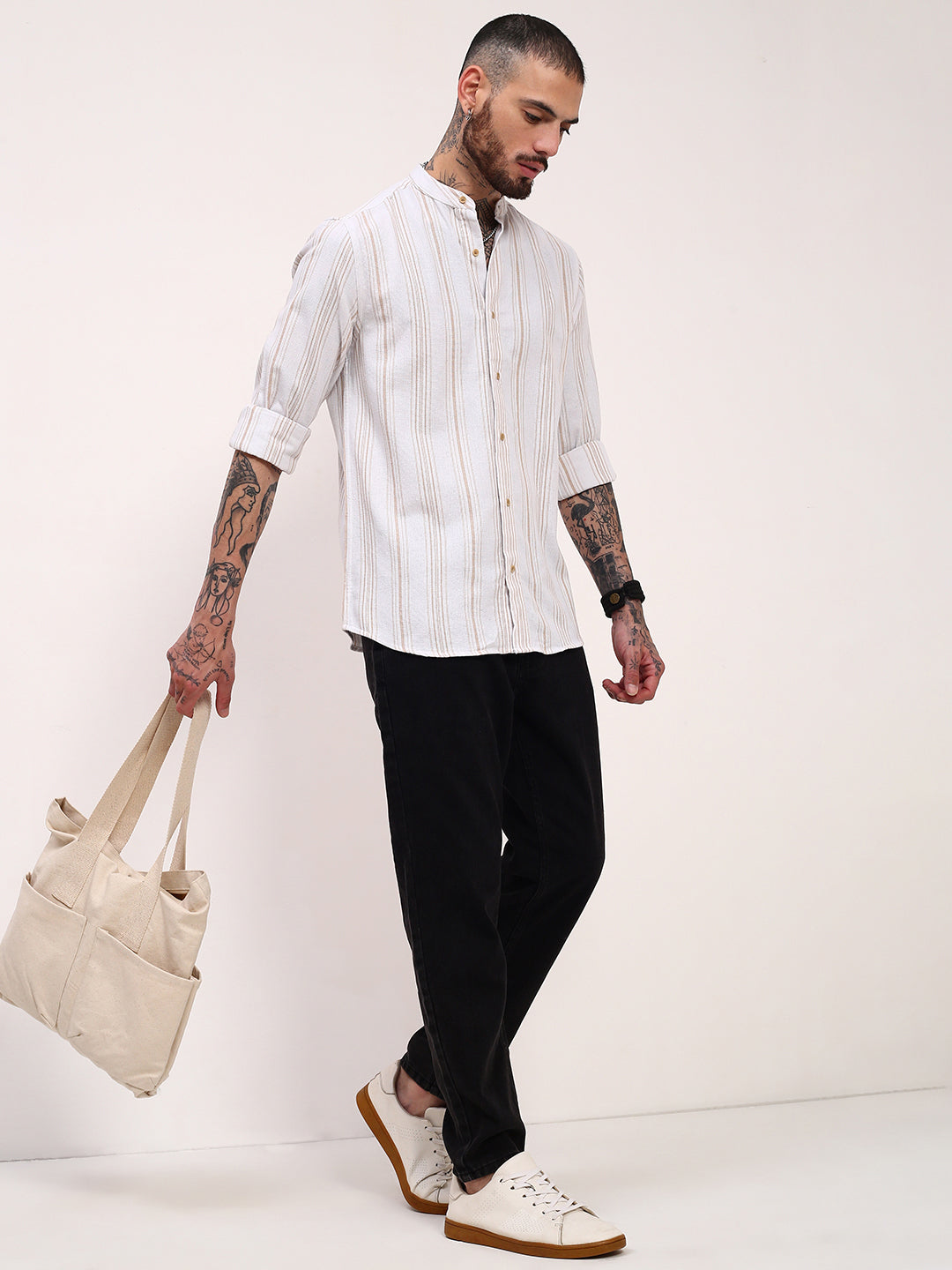 Men White Striped Slim Fit Shirt