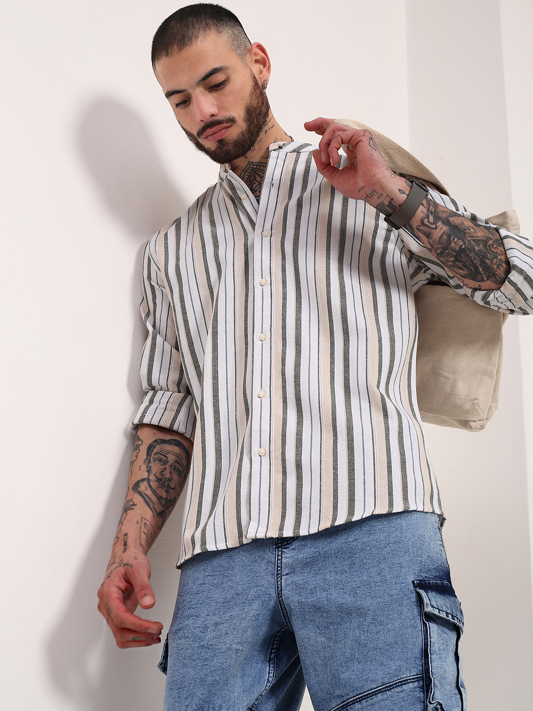 Men Off White Striped Slim Fit Shirt