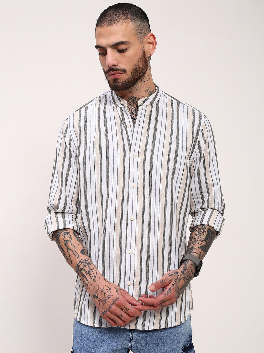 Men Off White Striped Slim Fit Shirt