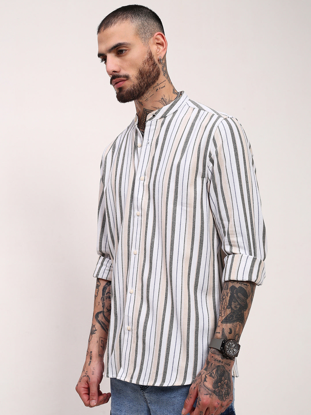 Men Off White Striped Slim Fit Shirt