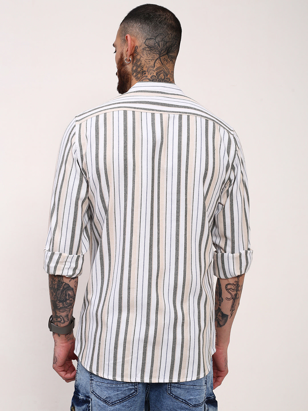 Men Off White Striped Slim Fit Shirt