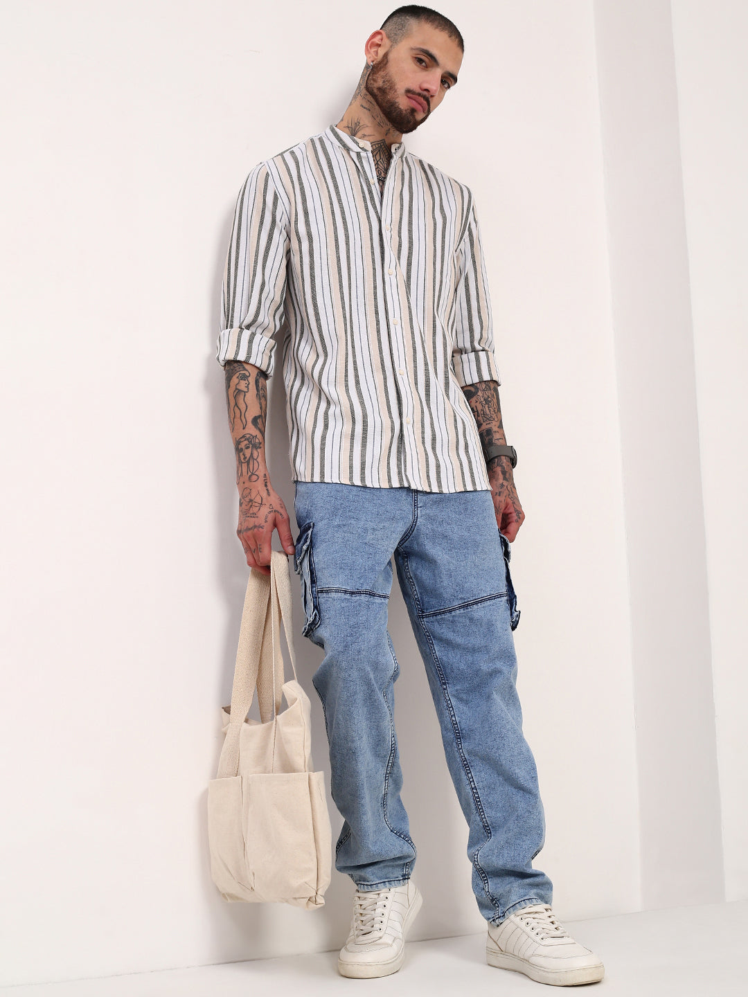 Men Off White Striped Slim Fit Shirt