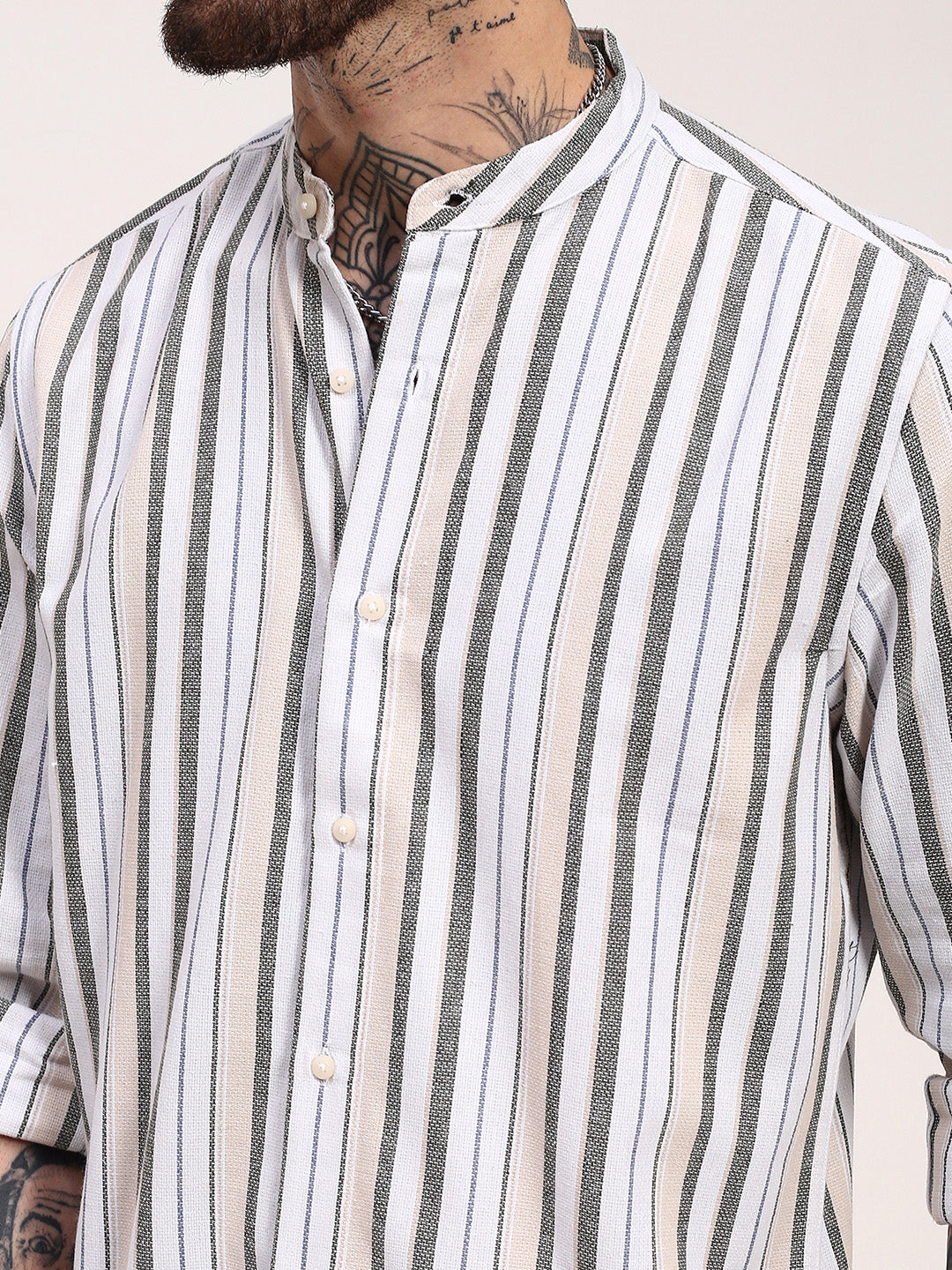 Men Off White Striped Slim Fit Shirt