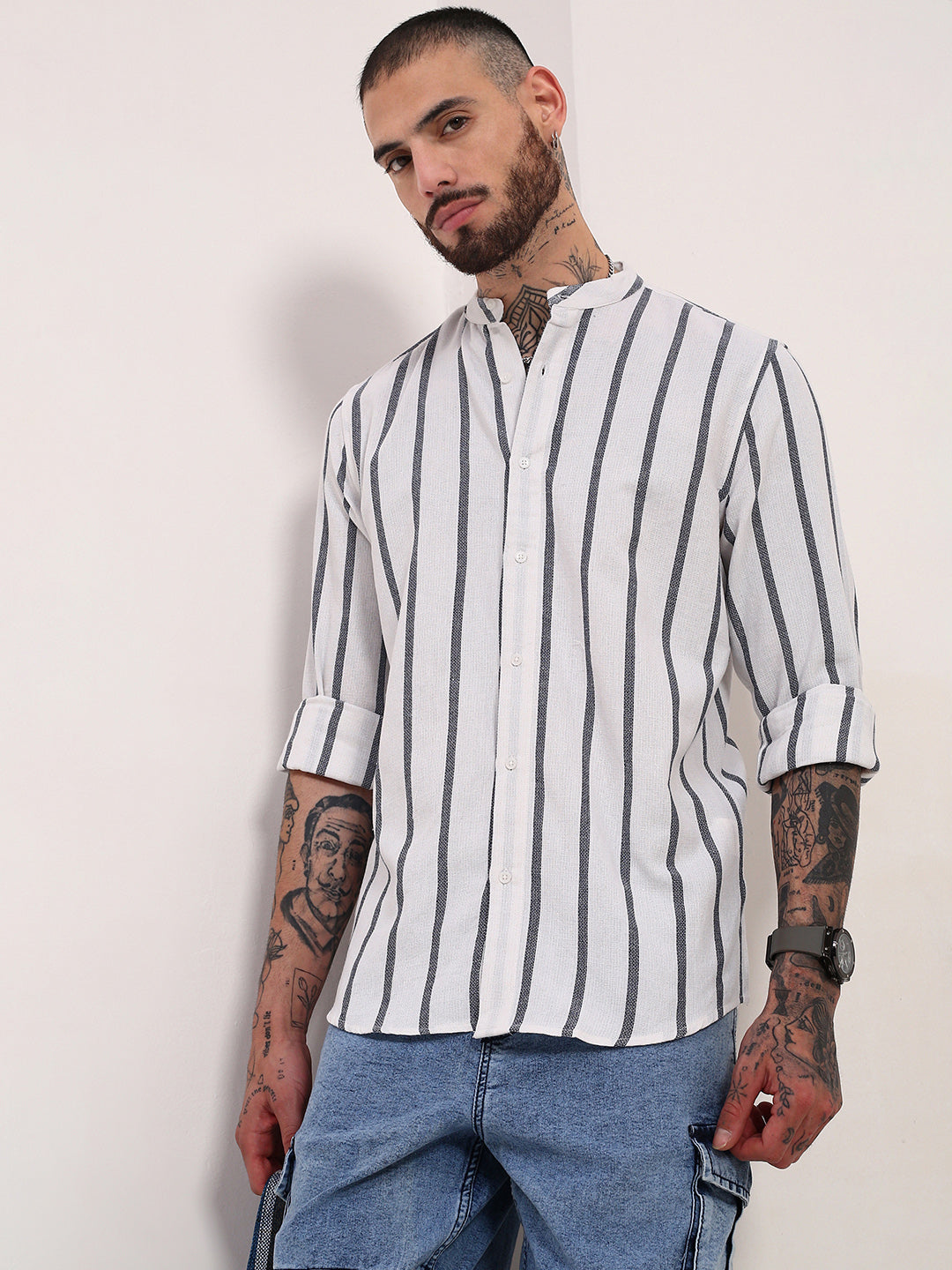 Men White Striped Slim Fit Shirt