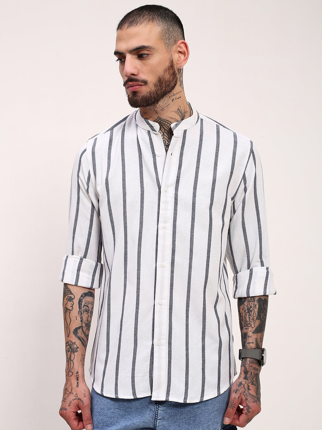 Men White Striped Slim Fit Shirt