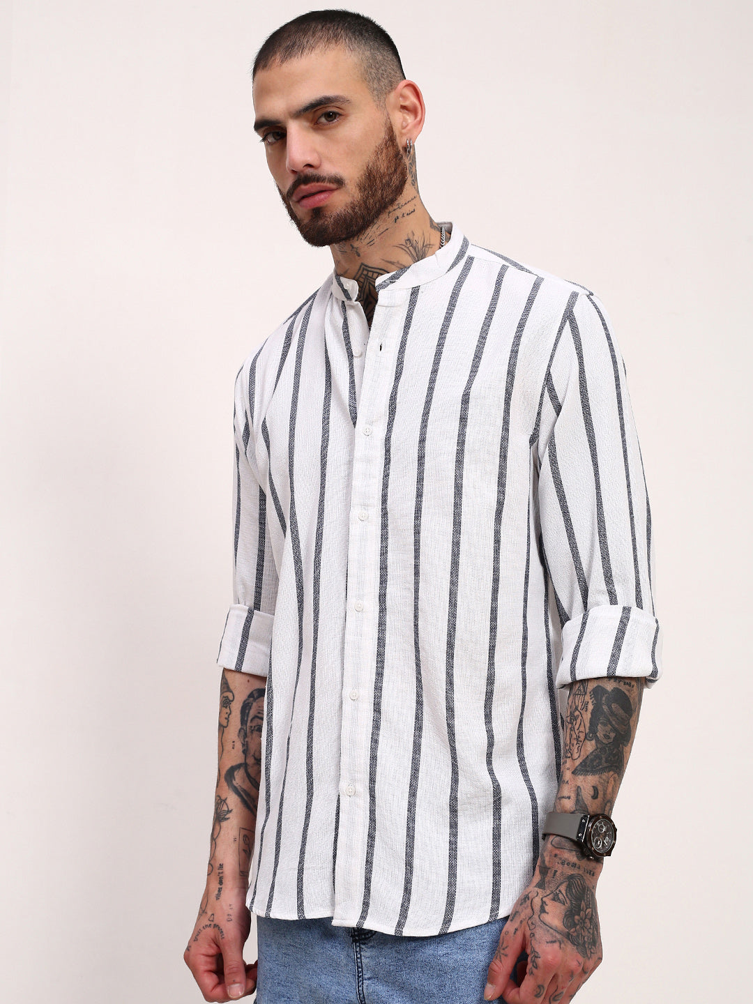 Men White Striped Slim Fit Shirt