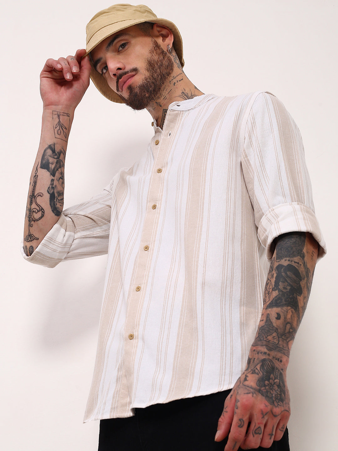 Men Cream Striped Slim Fit Shirt