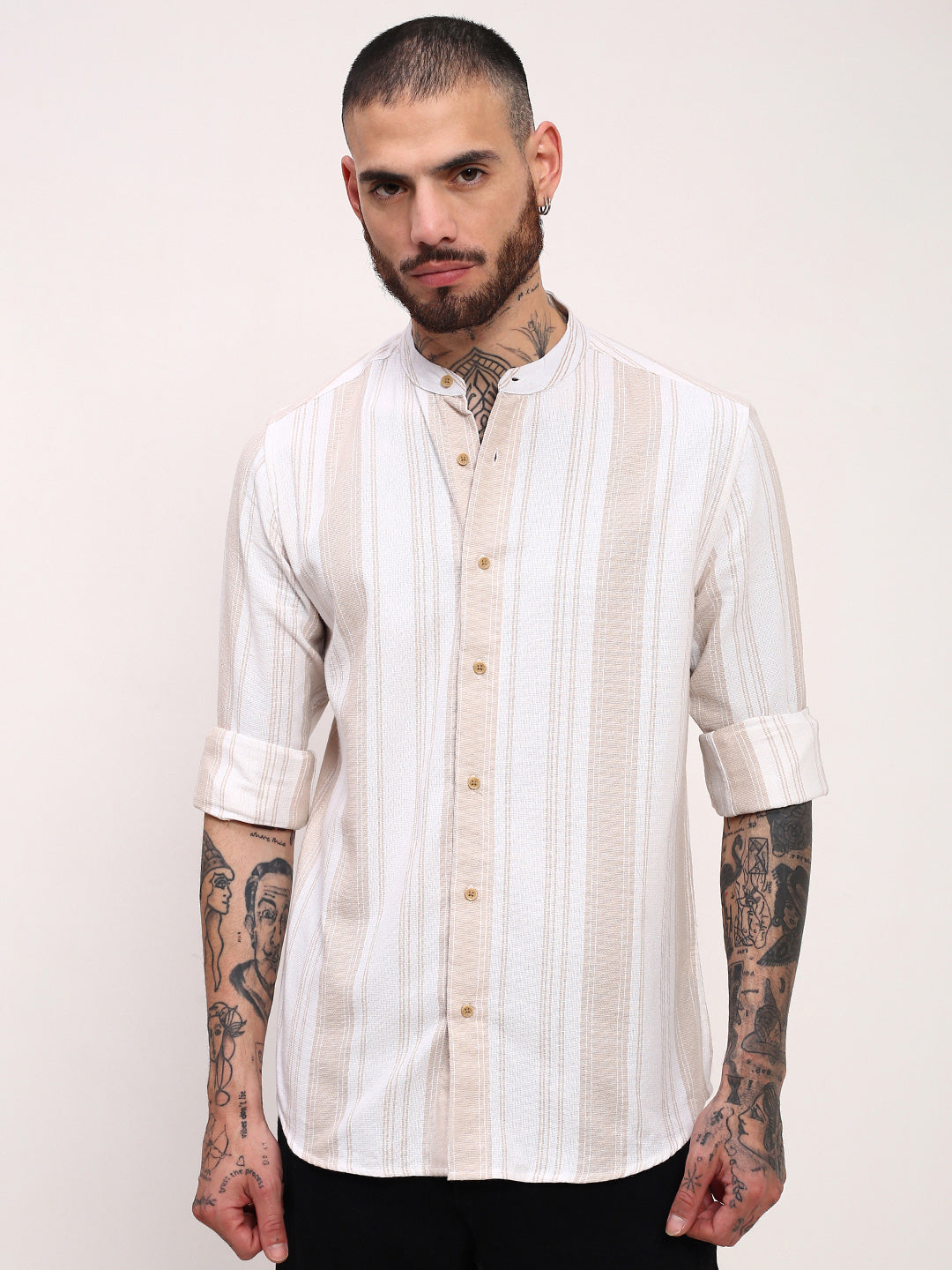 Men Cream Striped Slim Fit Shirt