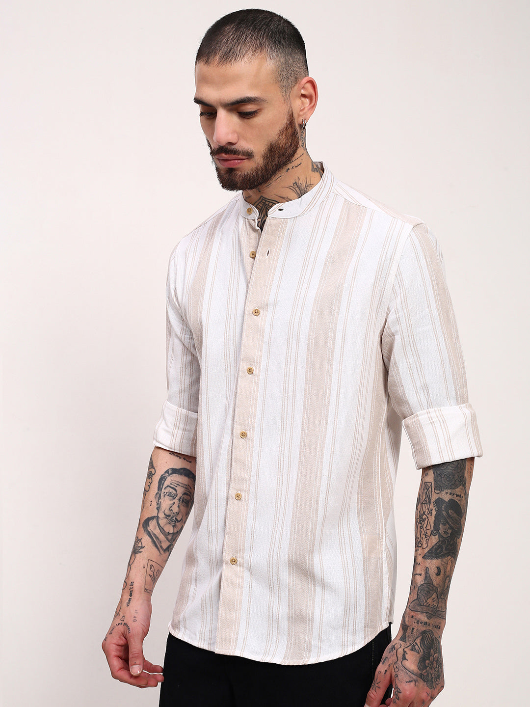 Men Cream Striped Slim Fit Shirt