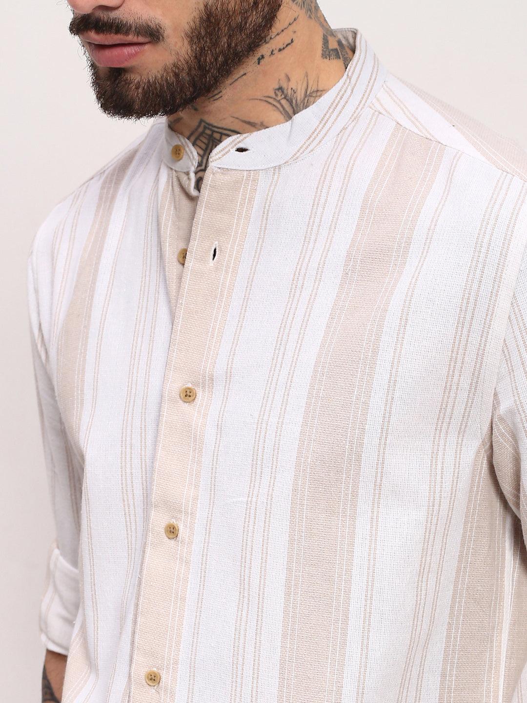 Men Cream Striped Slim Fit Shirt