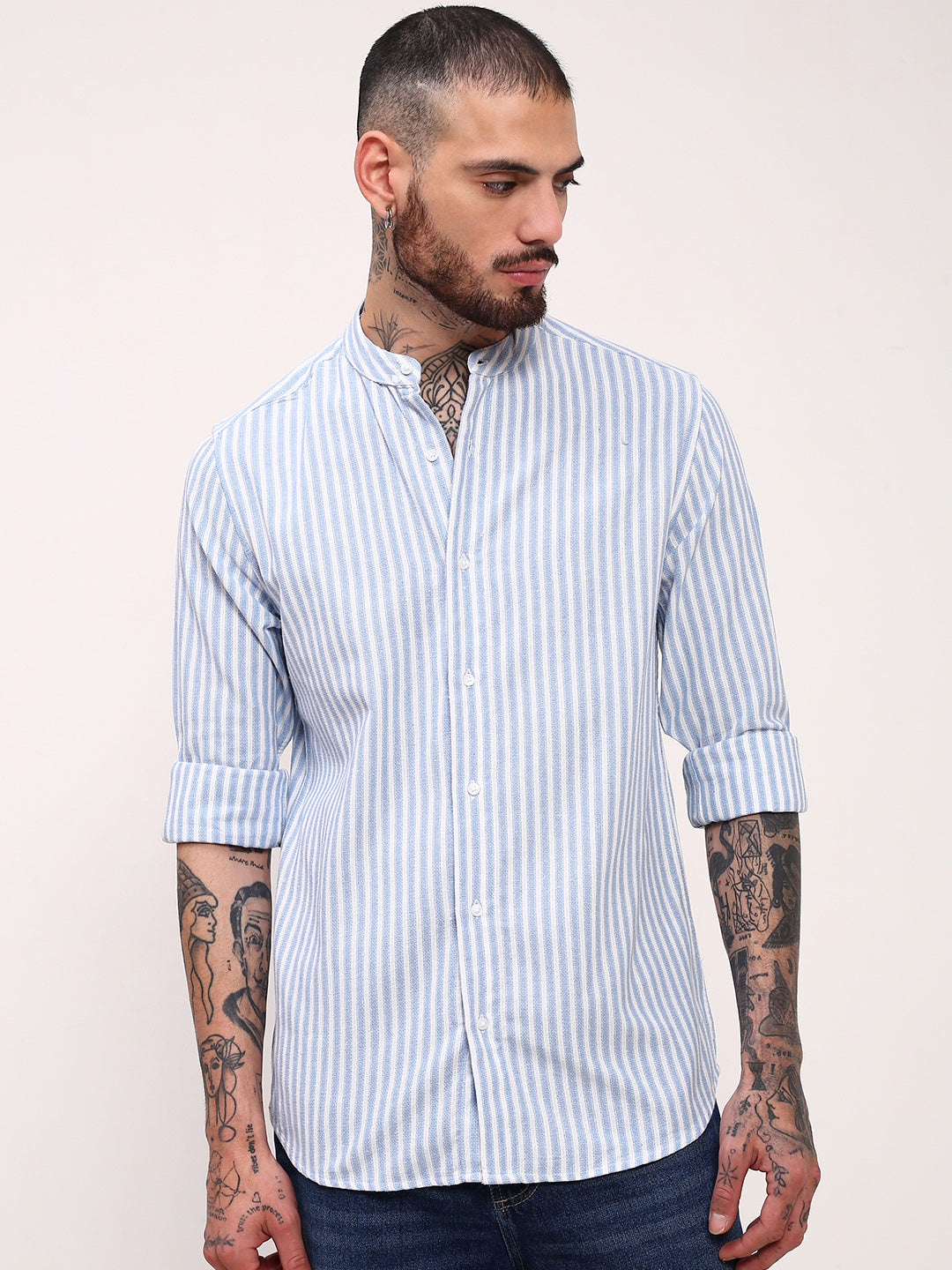 Men Blue Striped Slim Fit Shirt