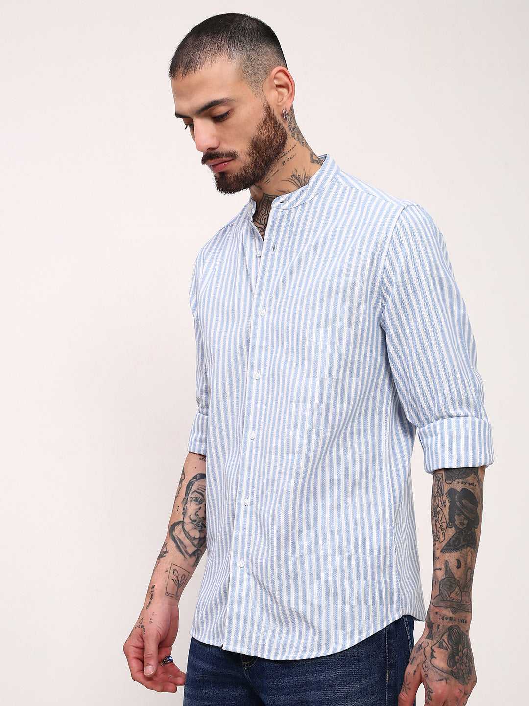 Men Blue Striped Slim Fit Shirt