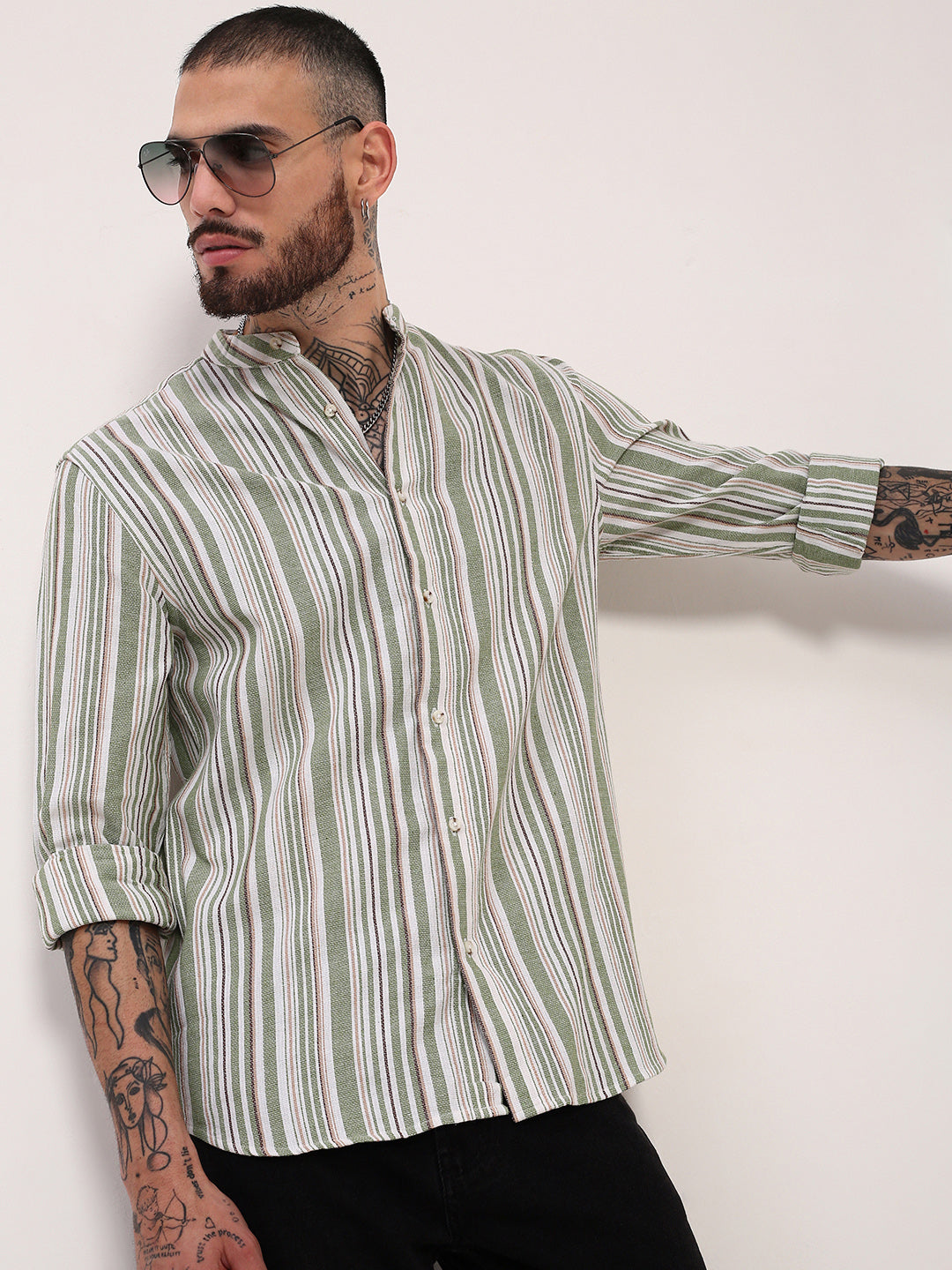 Men Green Striped Slim Fit Shirt