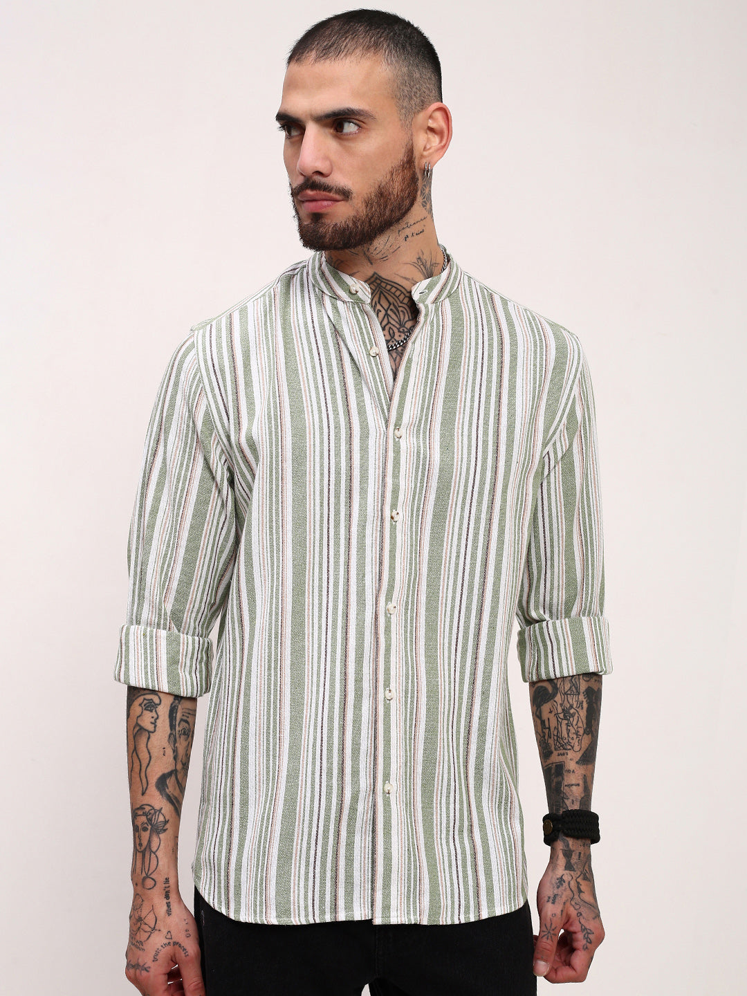 Men Green Striped Slim Fit Shirt