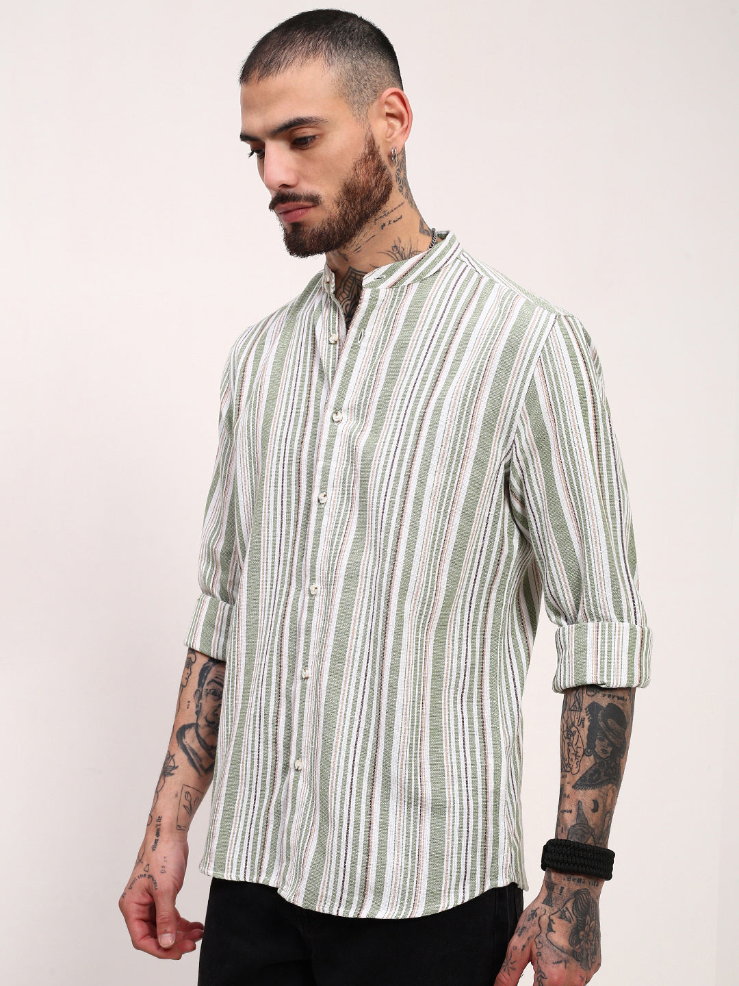 Men Green Striped Slim Fit Shirt