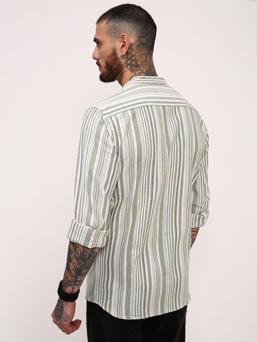 Men Green Striped Slim Fit Shirt