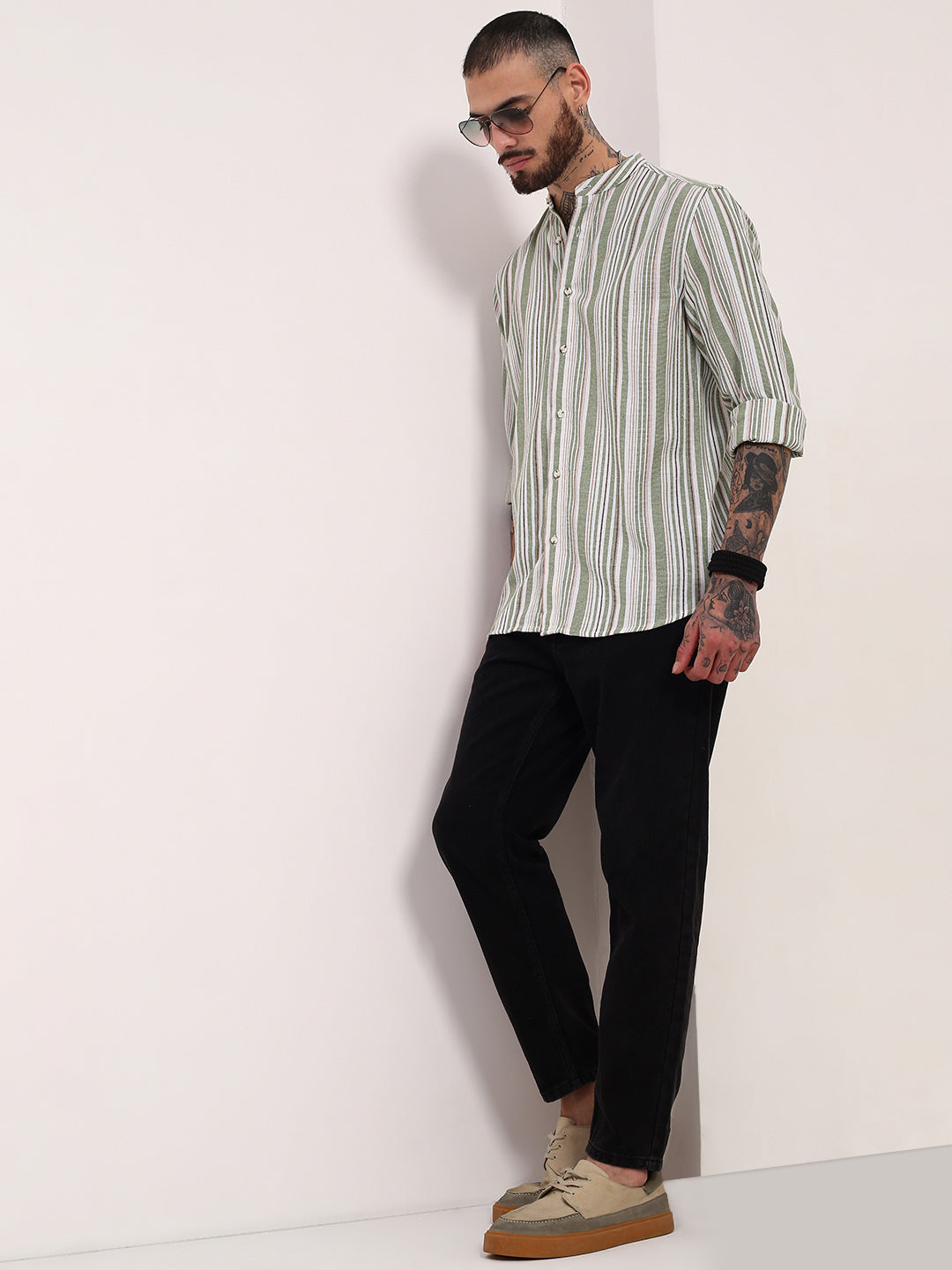 Men Green Striped Slim Fit Shirt